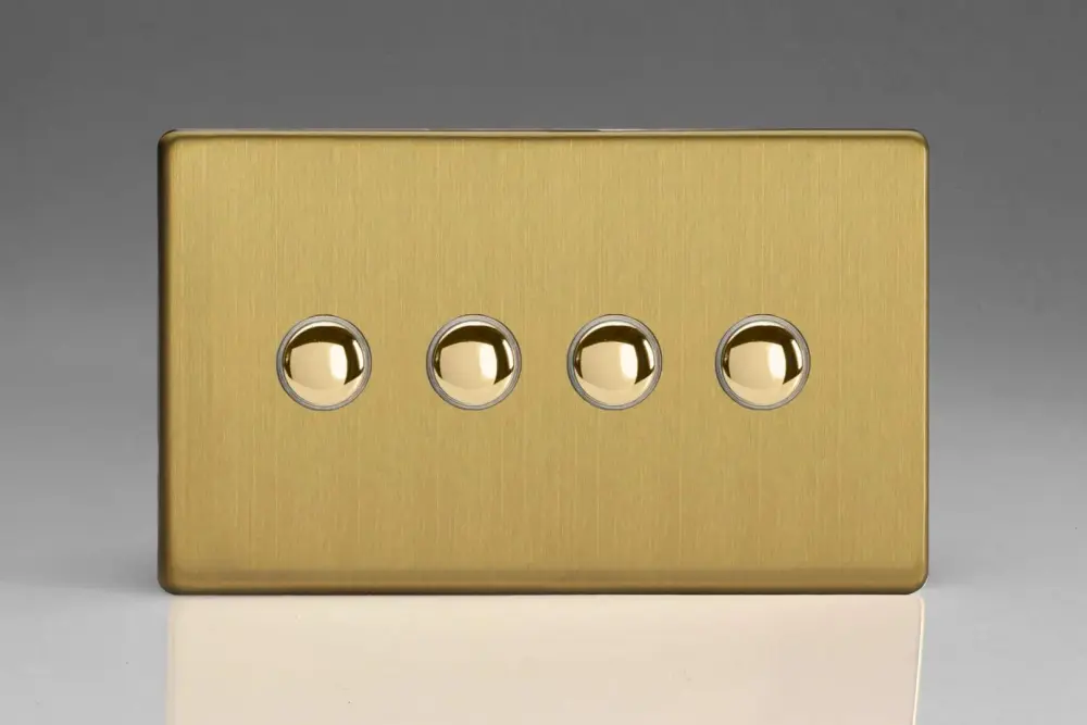 Toggle Varilight 4-Gang 6A 1- or 2-Way Push-On/Off Impulse Switch (Twin Plate) Satin-brushed Brass XDBP4S