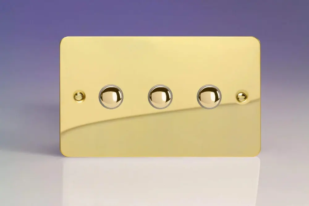 Varilight 3-Gang 6A 1- or 2-Way Push-On/Off Impulse Switch (Twin Plate) Reflective Brass XFVP3 10-Year Warranty