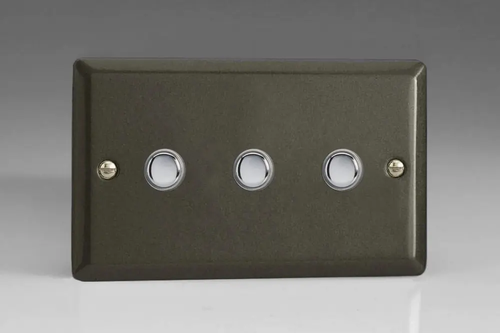 Varilight Classic Graphite, 3 Gang (Triple) 1 or 2 way 6 Amp Push-on Push-off Switch (impulse) Smooth Chrome Switch Buttons