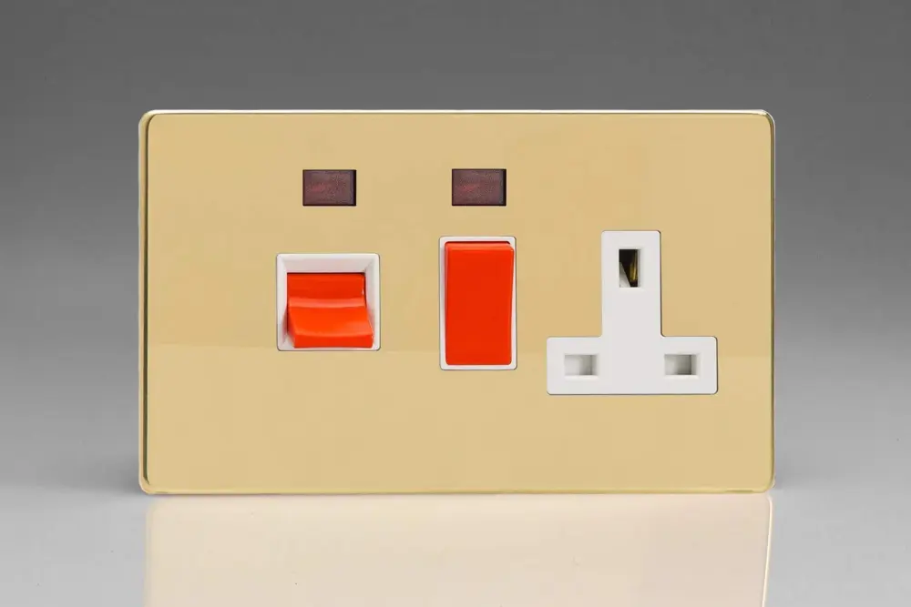 Varilight Flat Plate Screwless Polished Brass 45A Cooker Switch & 13A Plug Socket Neon Ivory Insert XDV45PNWS