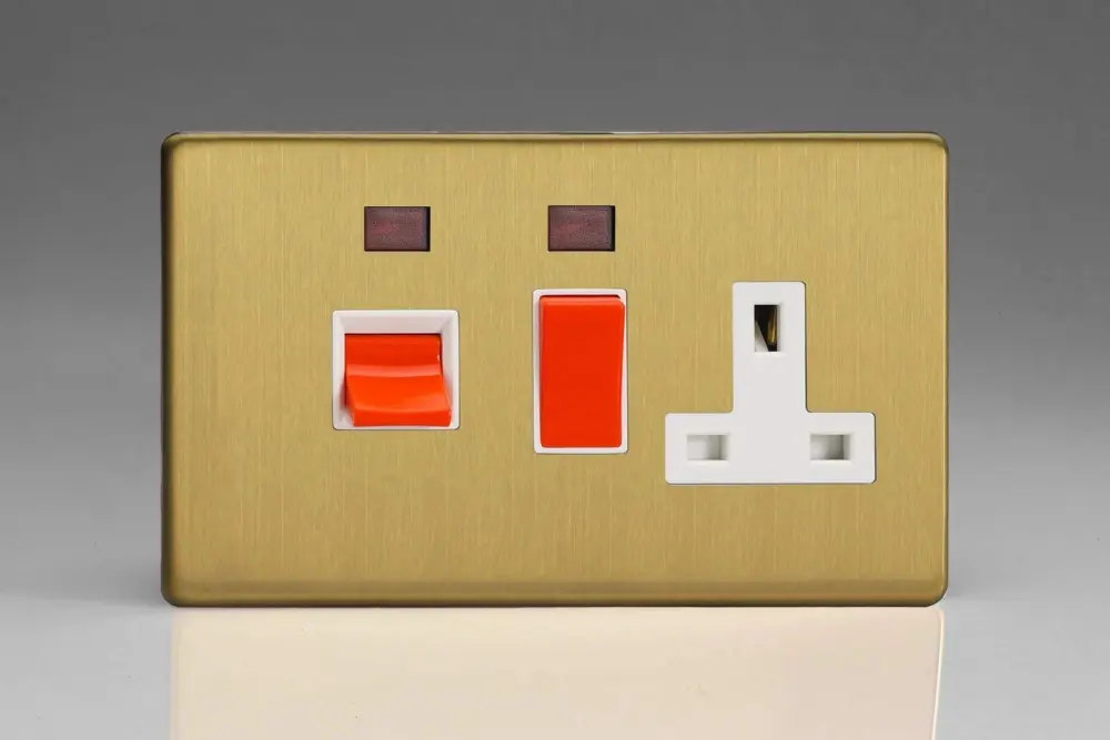 Varilight Flat Plate Screwless Soft-touch Brass 45A Cooker Switch & 13A Plug Socket Neon White Insert XDB45PNWS