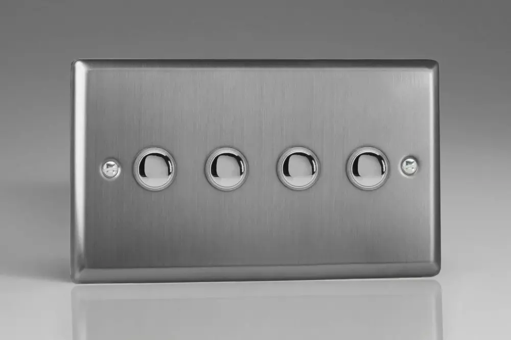 Varilight XTP4 Enduring Brushed Steel 4 Gang 6A 1 or 2 Way Push-On/Off Impulse Switch