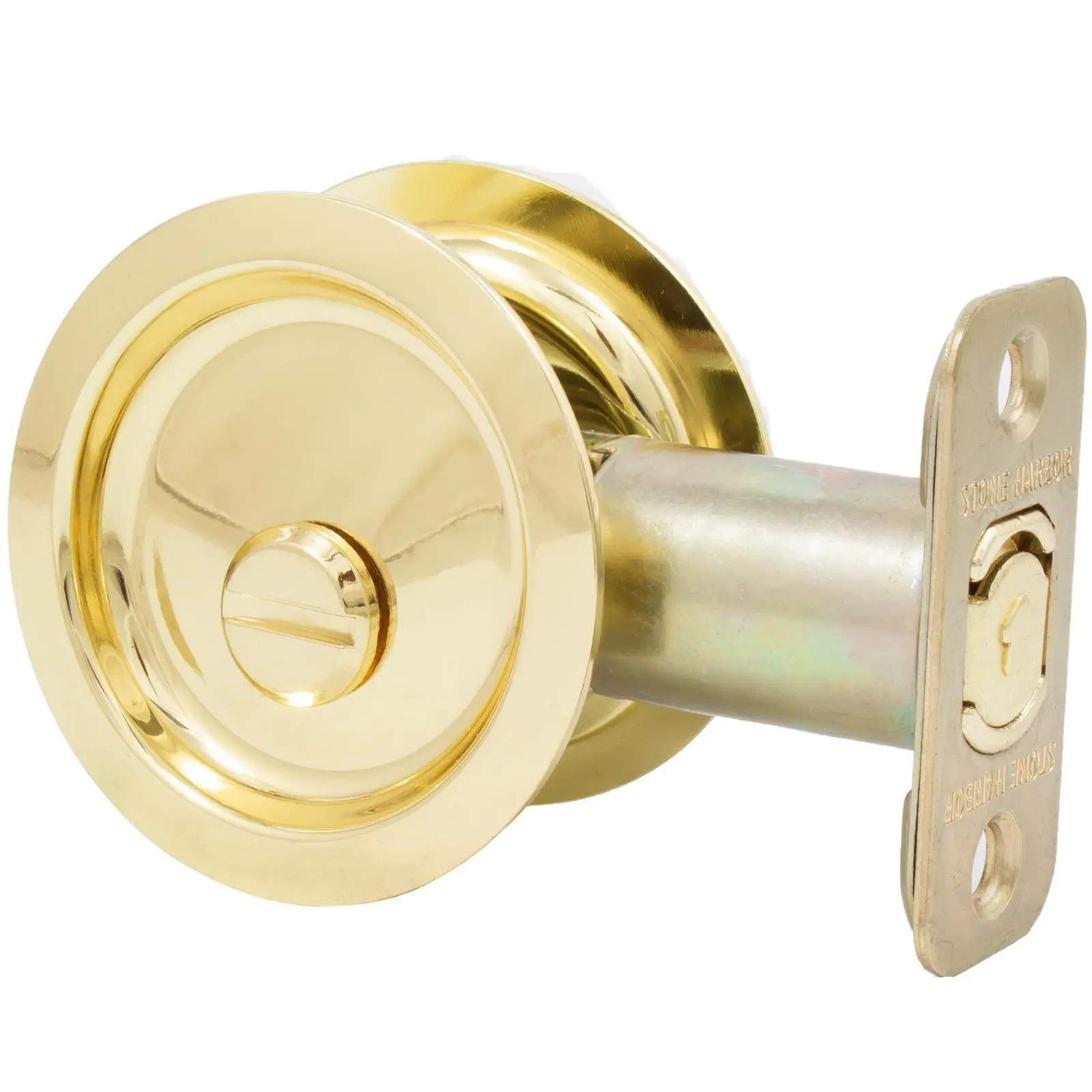 Round Pocket Door Lock Privacy Latch 2-3/8 Backset Polished Brass Stone Harbor Hardware