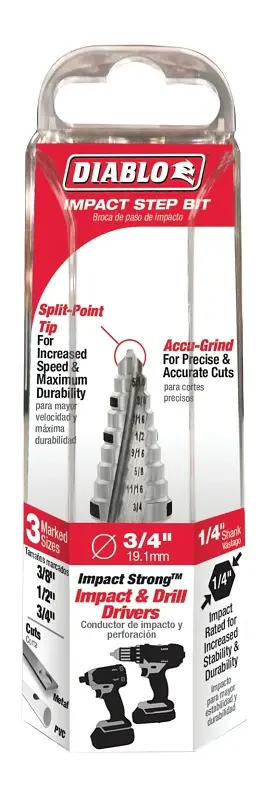 Diablo DSD0750S09 Step Drill Bit, 3/8 to 3/4 Dia, 2-19/32 OAL, Twin Flute, 1/4 Dia Shank, Hex Shank