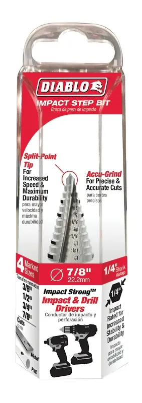 Diablo DSD0875S12 Step Drill Bit, 3/8 to 7/8 Dia, 2-3/4 OAL, Binary Flute, 1/4 Dia Shank, Hex Shank