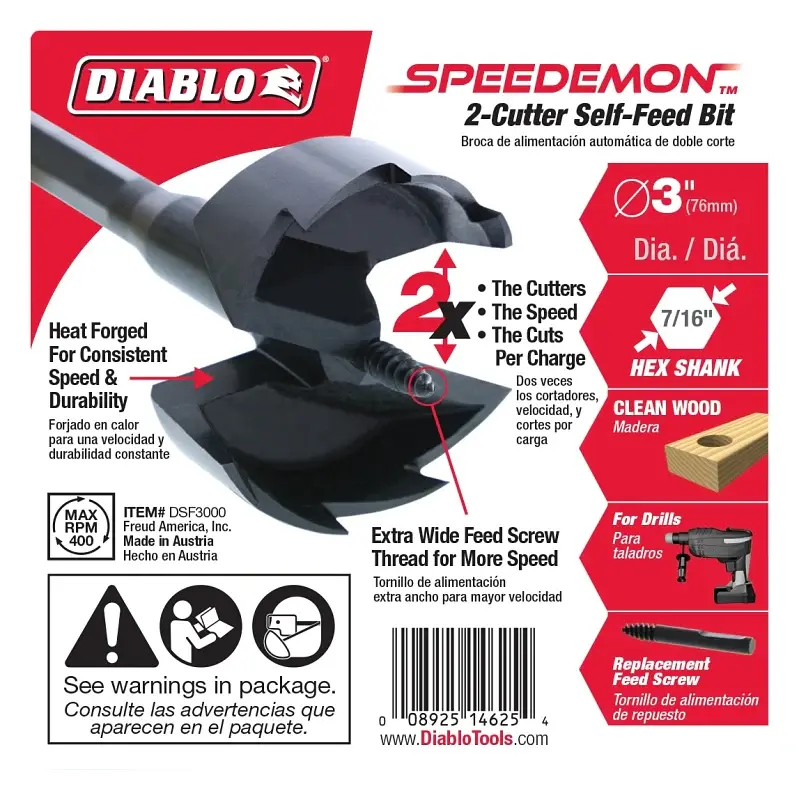 Diablo DSF3000 Drill Bit, 3 Dia, 5-1/8 OAL, 7/16 Dia Shank, Hex Shank