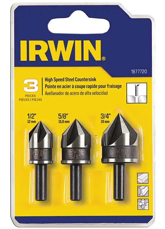 Irwin 1877720 Countersink Drill Bit, Specifications: 1/4 Shank, HSS, Comprises: 1/2, 5/8 and 3/4 Countersink