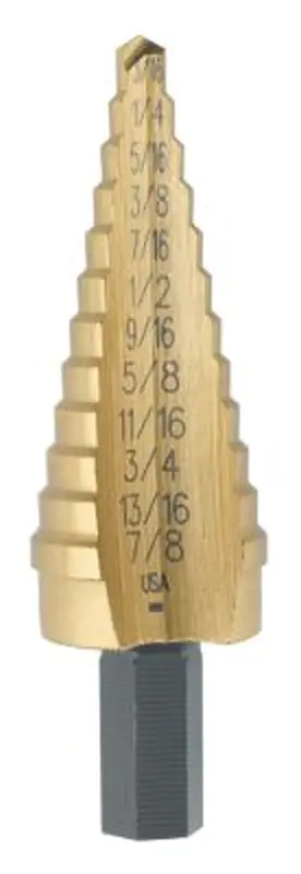 Irwin Unibit 15104 Step Drill Bit, 3/16 to 7/8 Dia, 3 OAL, Tree Flute, 1-Flute, 3/8 Dia Shank, Round Shank