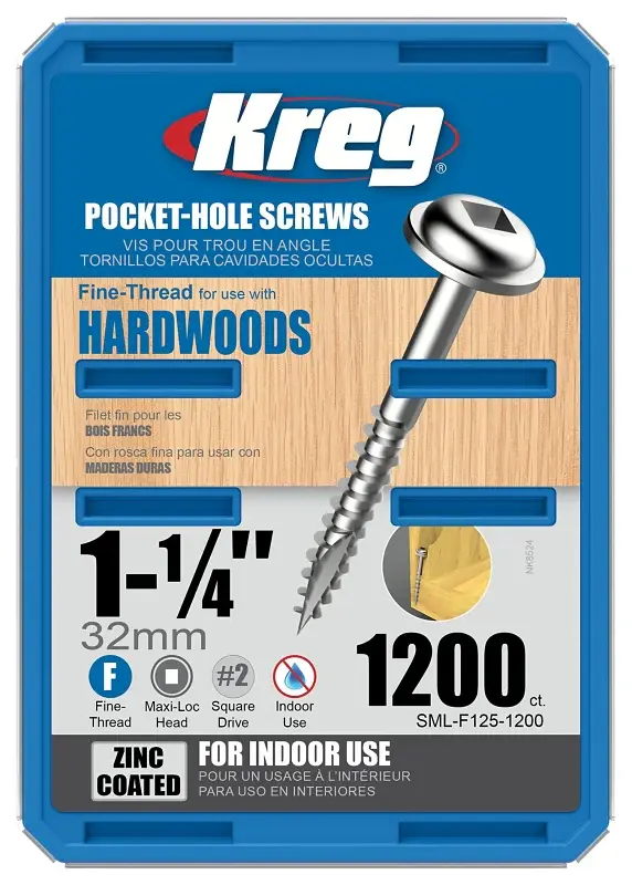 Kreg SML-F125-1200 Pocket-Hole Screw, #7 Thread, 1-1/4 L, Square Drive, Composite Steel, Fine Thread, Maxi-Loc Head