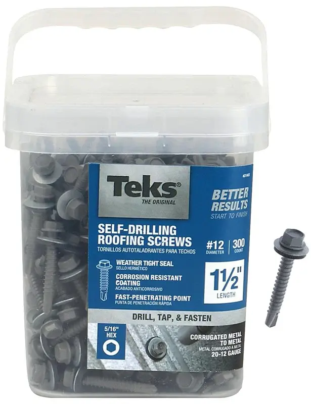 Teks 21422 Roofing Screw, #12 Thread, Hex Drive, Drill, Self-Tapping Point, Alloy, Metallic