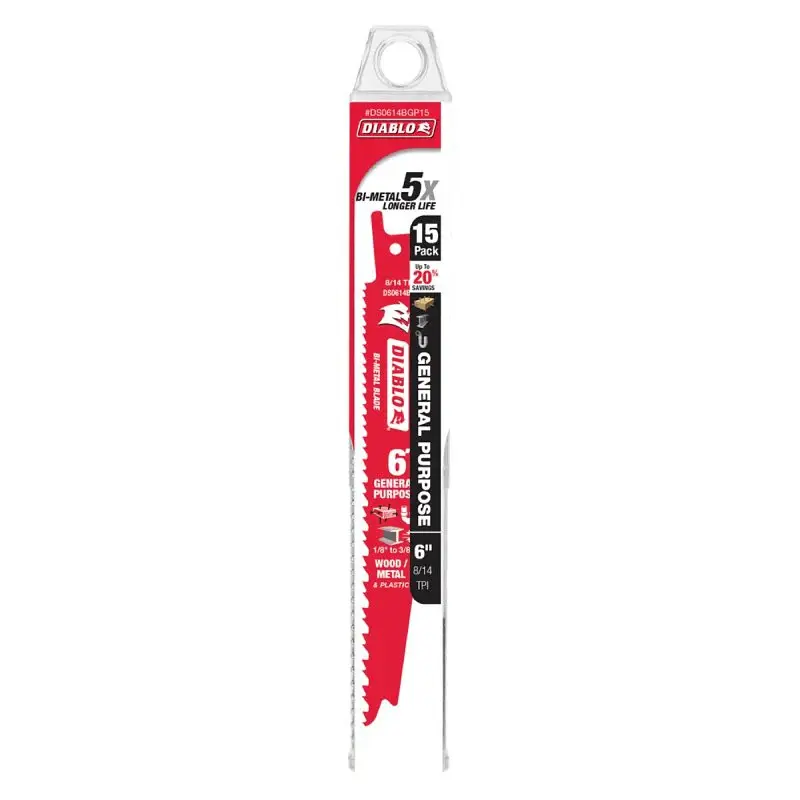 Diablo DS0614BGP15 Reciprocating Saw Blade, 2 W, 6 L, 8, 14 TPI, Bi-Metal Cutting Edge