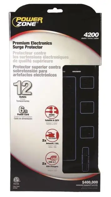 Power Zone OR504142 12-Outlet Surge Protector Black Home and Office Electronics