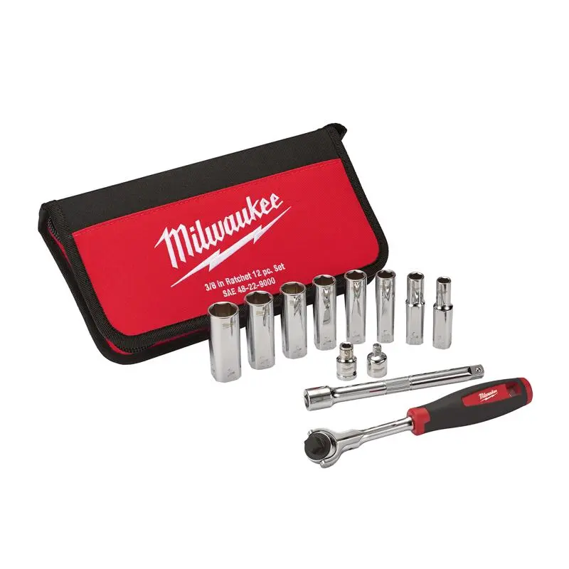 Milwaukee 3/8 . Drive Stainless Steel SAE Pivoting Ratchet Set 12 pc