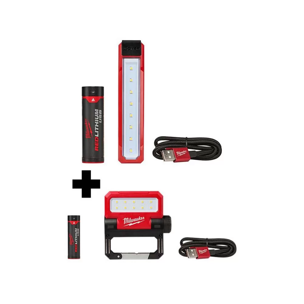 Milwaukee 445 Lumens LED Rover Rechargeable Pocket Flood Light and 550 Lumens Pivoting Flood Light 2-Pack