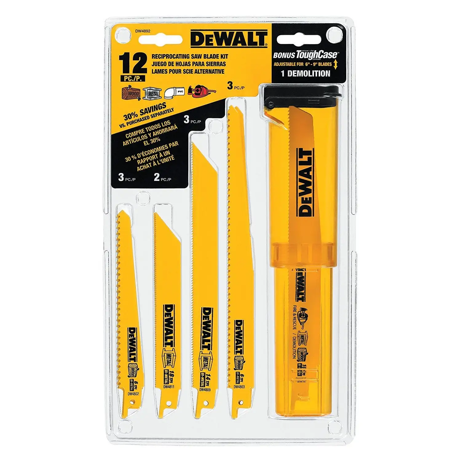 DeWalt DW4892 Bi-Metal Reciprocating Saw Blade Set Telescoping Case 12 Piece