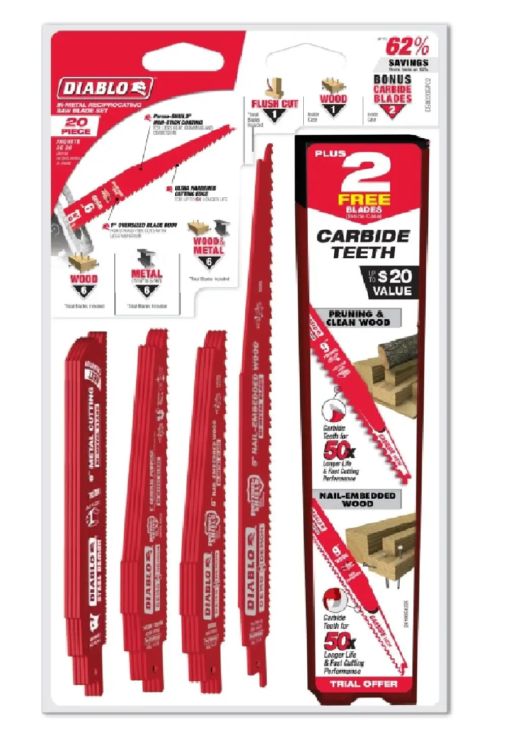 Diablo DS0020SPC2 Reciprocating Saw Blade Set Red Wood and Metal Cutting