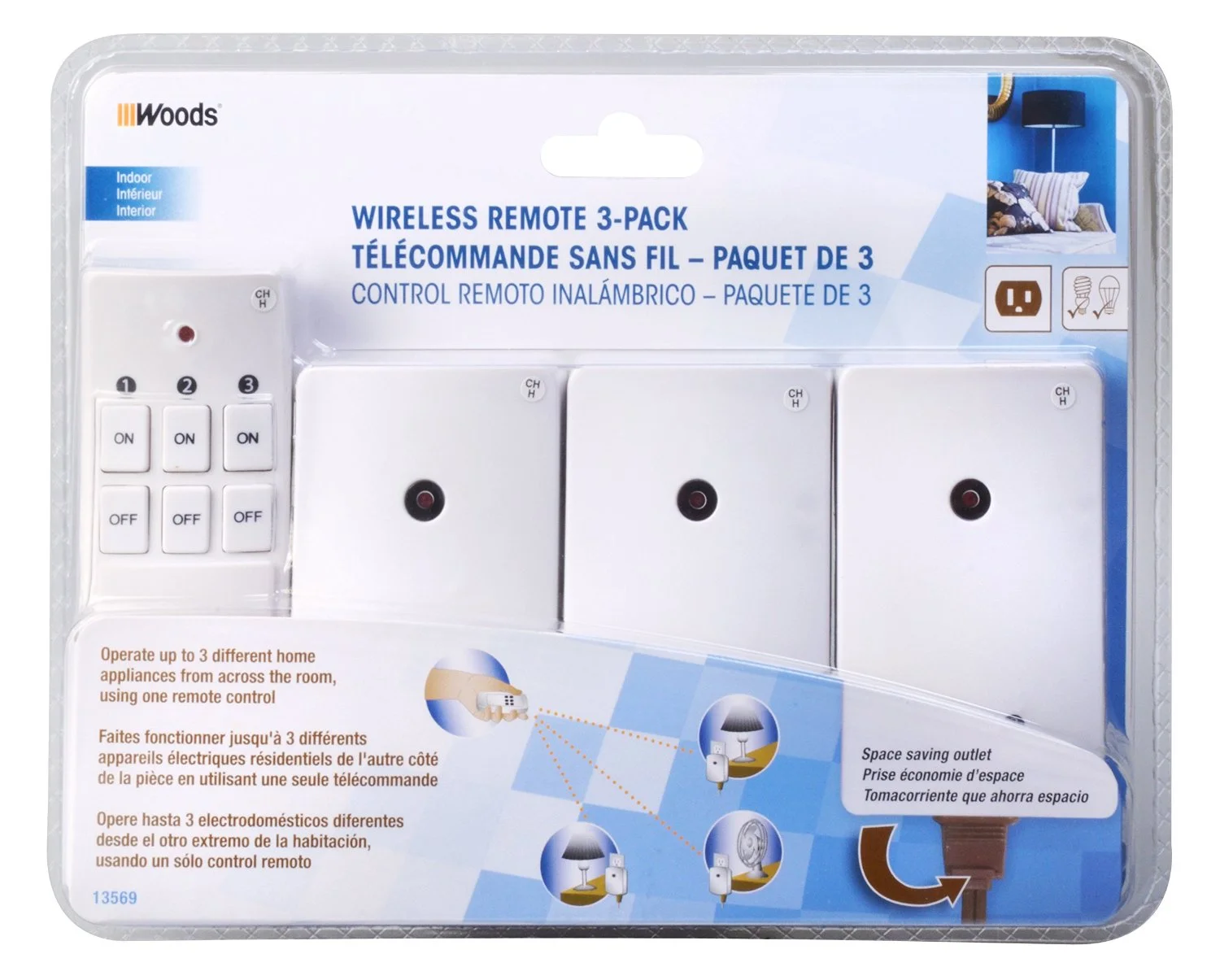 Woods 13569 Indoor Plug- Wireless Remote Control 3-Outlets White