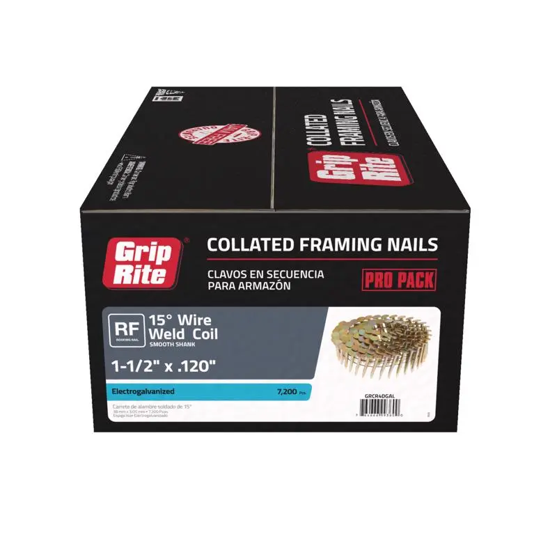 Grip-Rite 1-1/2 . Angled Coil Electro Galvanized Roofing Nails 15 deg 7200 Pack