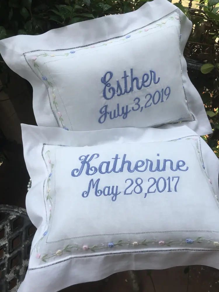 MONOGRAM LINEN WHITE HEMSTITCH PILLOW FLORAL TRIM FLANGE