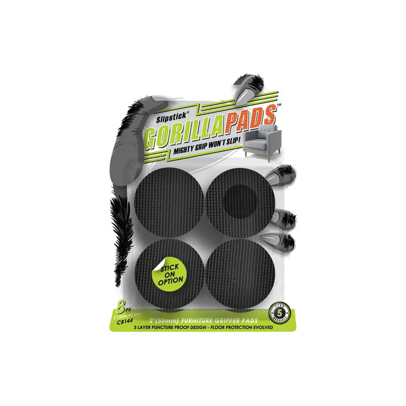 Slipstick GorillaPads Rubber Self Adhesive Gripper Pad Black Round 2 Inch 8 Pack