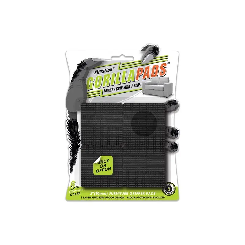 Slipstick GorillaPads Rubber Self Adhesive Gripper Pad Black Square 2 Inch 8 Pack
