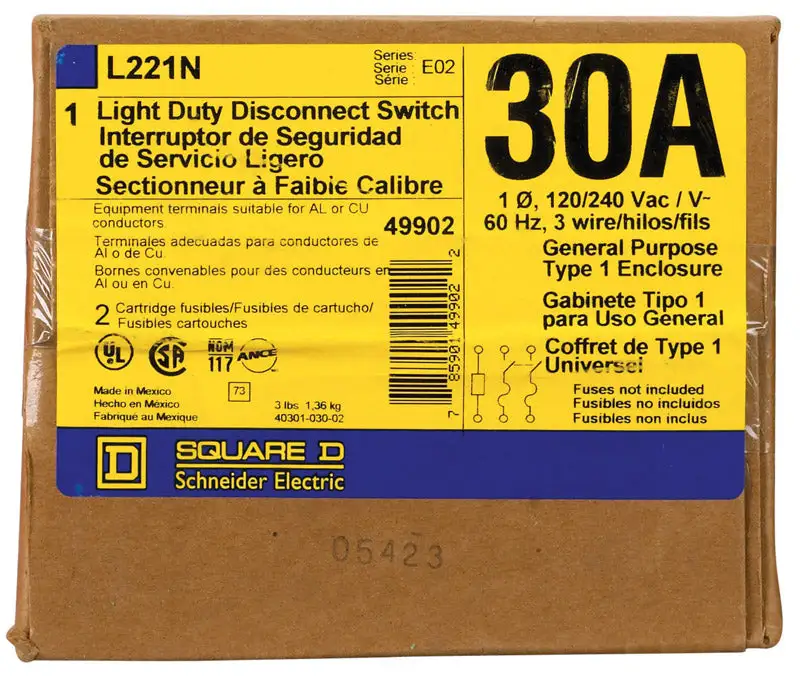 Square D 30 Amp Fusible 2-Pole Fuse Safety Switch Electrical Panels