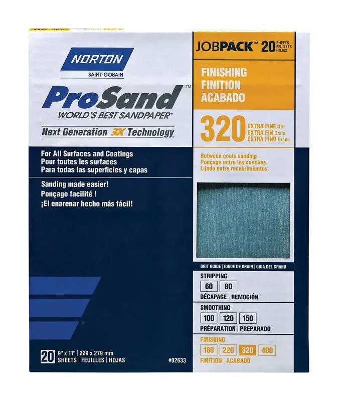 Norton ProSand 11x9 Inch 320 Grit Aluminum Oxide Sandpaper 20 Pack Woodworking