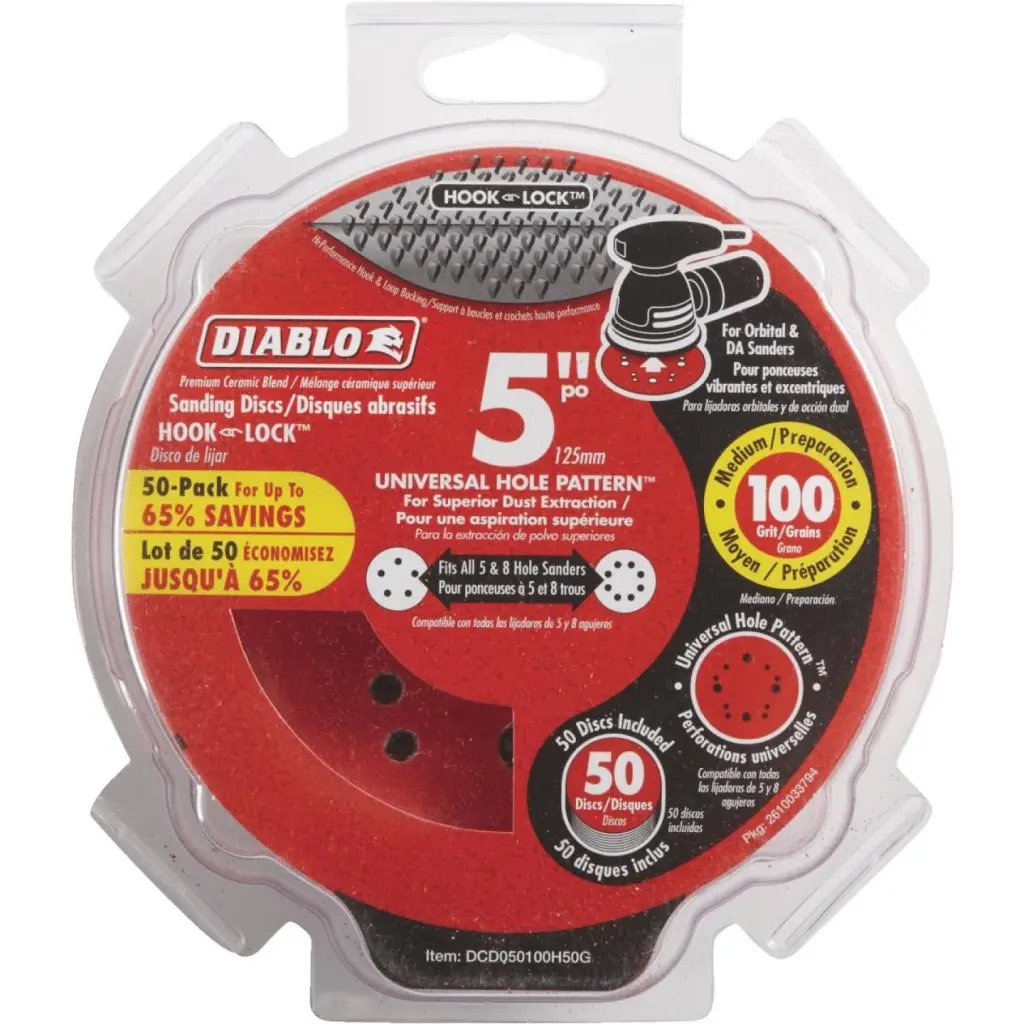Diablo 5-Inch 100-Grit Universal Hole Pattern Vented Sanding Discs Hook and Lock Backing 50-Pack
