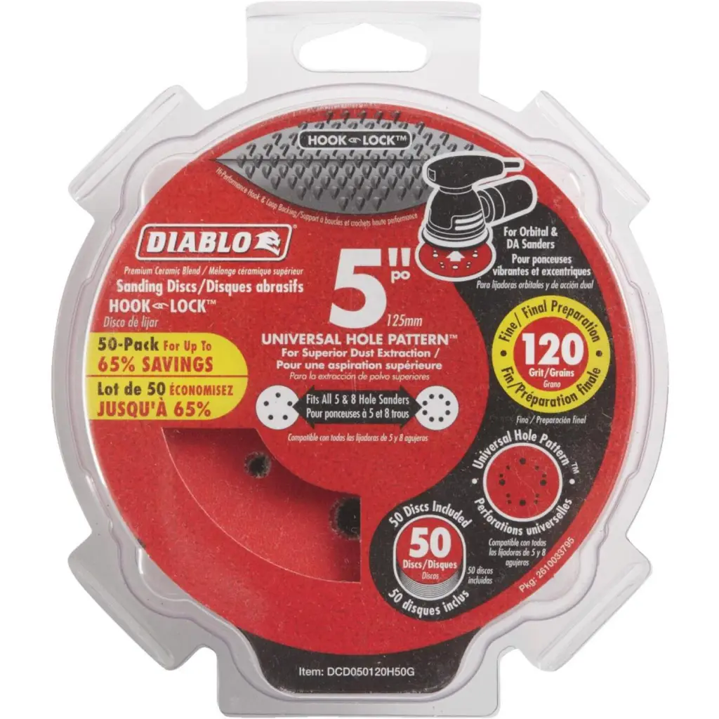 Diablo 5-Inch 120-Grit Universal Hole Pattern Vented Sanding Discs Hook and Lock Backing 50-Pack