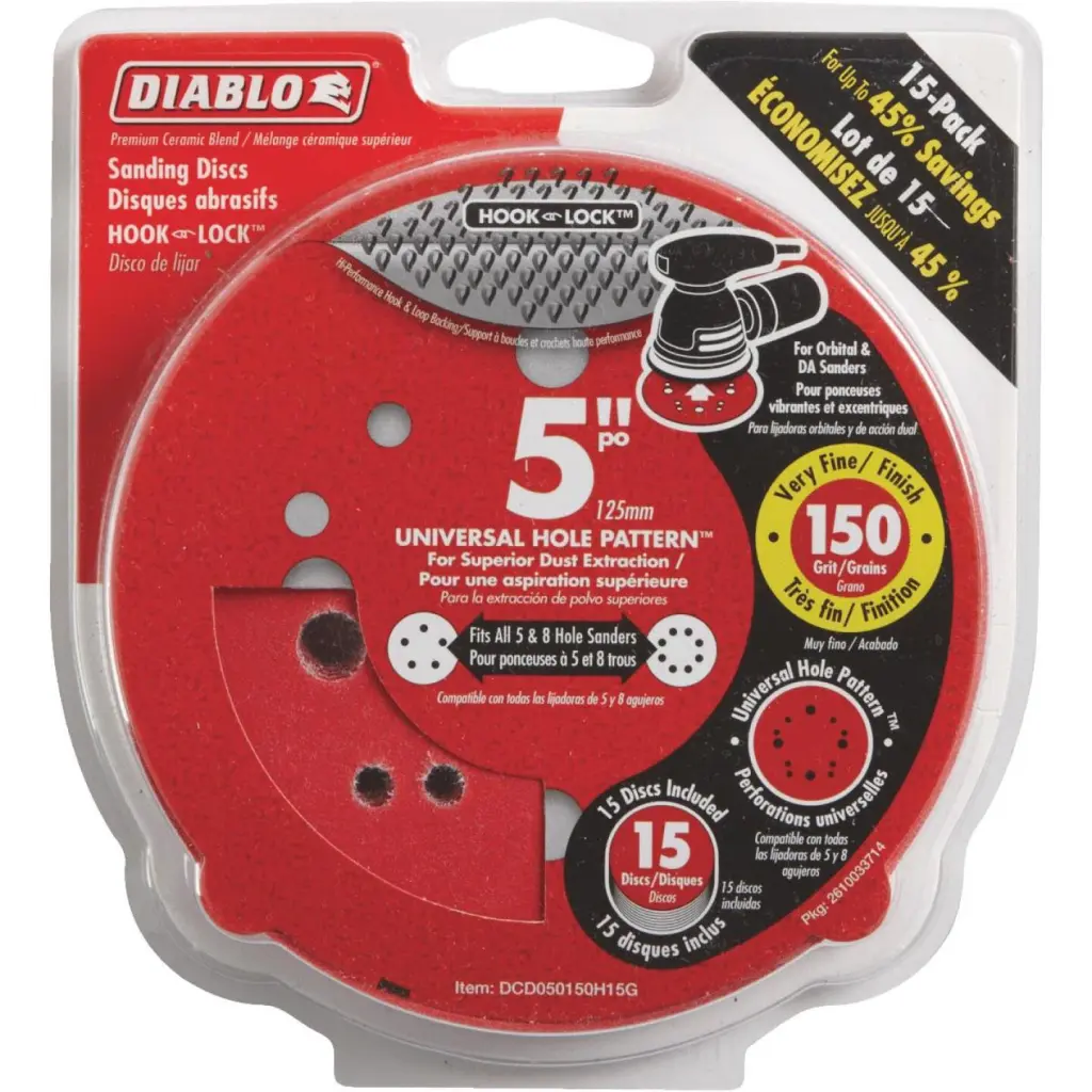 Diablo 5-Inch 150-Grit Universal Hole Pattern Vented Sanding Discs Hook and Lock Backing 15-Pack