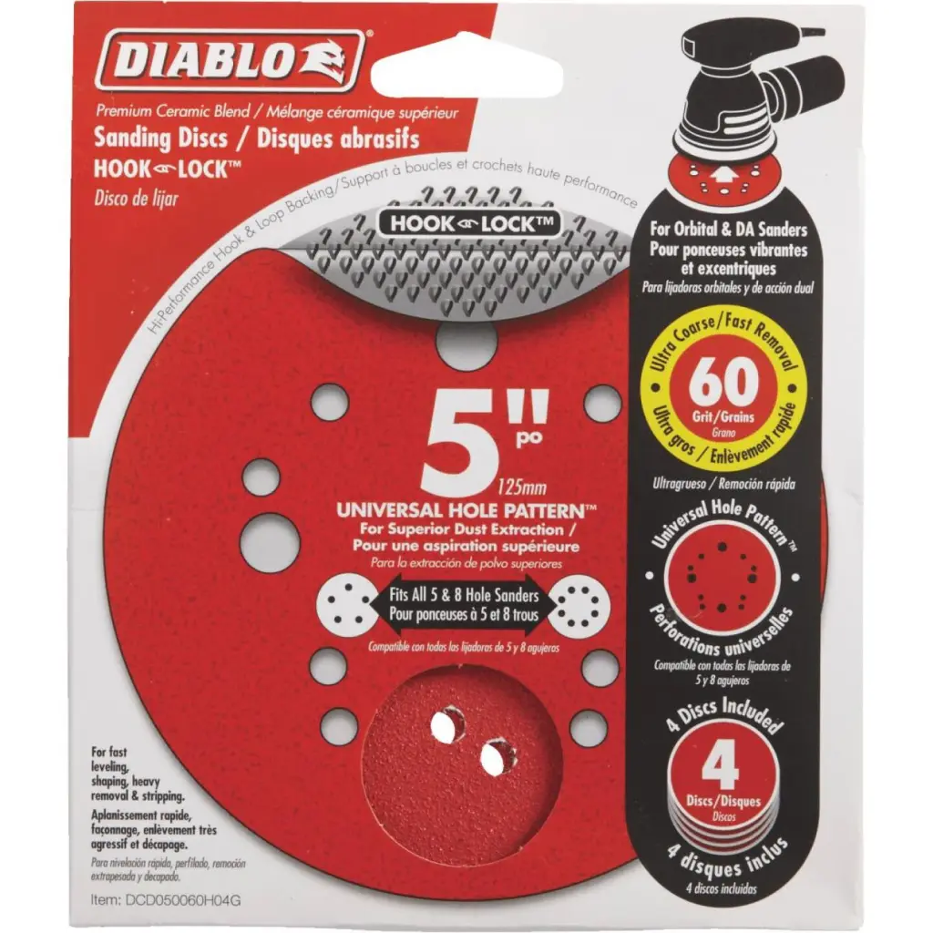 Diablo 5-Inch 60-Grit Universal Hole Pattern Vented Sanding Discs Hook and Lock Backing 4-Pack