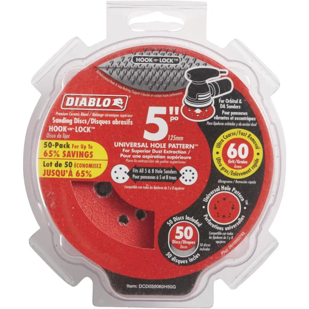 Diablo 5-Inch 60-Grit Universal Hole Pattern Vented Sanding Discs Hook and Lock Backing 50-Pack