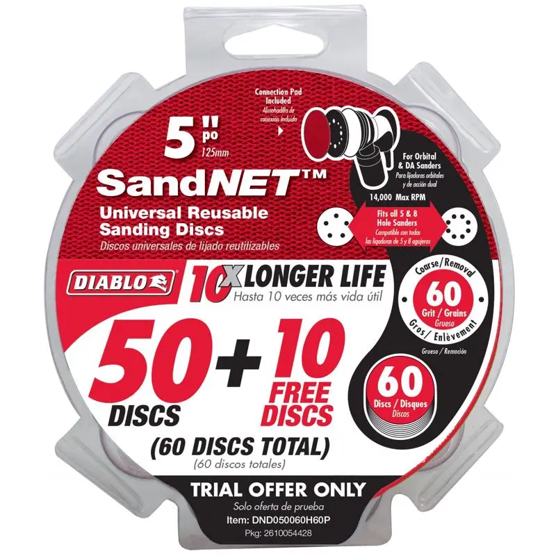 Diablo SandNet 5 Inch Ceramic Blend Hook and Lock Sanding Disc 60 Grit Coarse 50 Pack