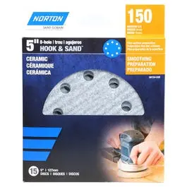 8-Hole Ceramic Sanding Discs 150 Grit 5-Inch 15-Pack Smooth Finishing Norton
