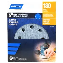 8-Hole Ceramic Sanding Discs 180 Grit 5-Inch 15-Pack Wood and Metal Norton