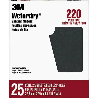 3M Wetordry Sanding Sheets 220 Grit 9 x 11-Inch 25 Sheets per Pack