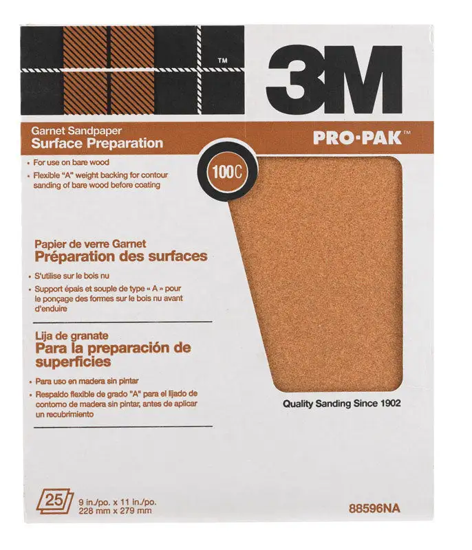 3M 88596NA 9 X 11 100C Grit Surface Preparation Garnet Sandpaper Pack 25