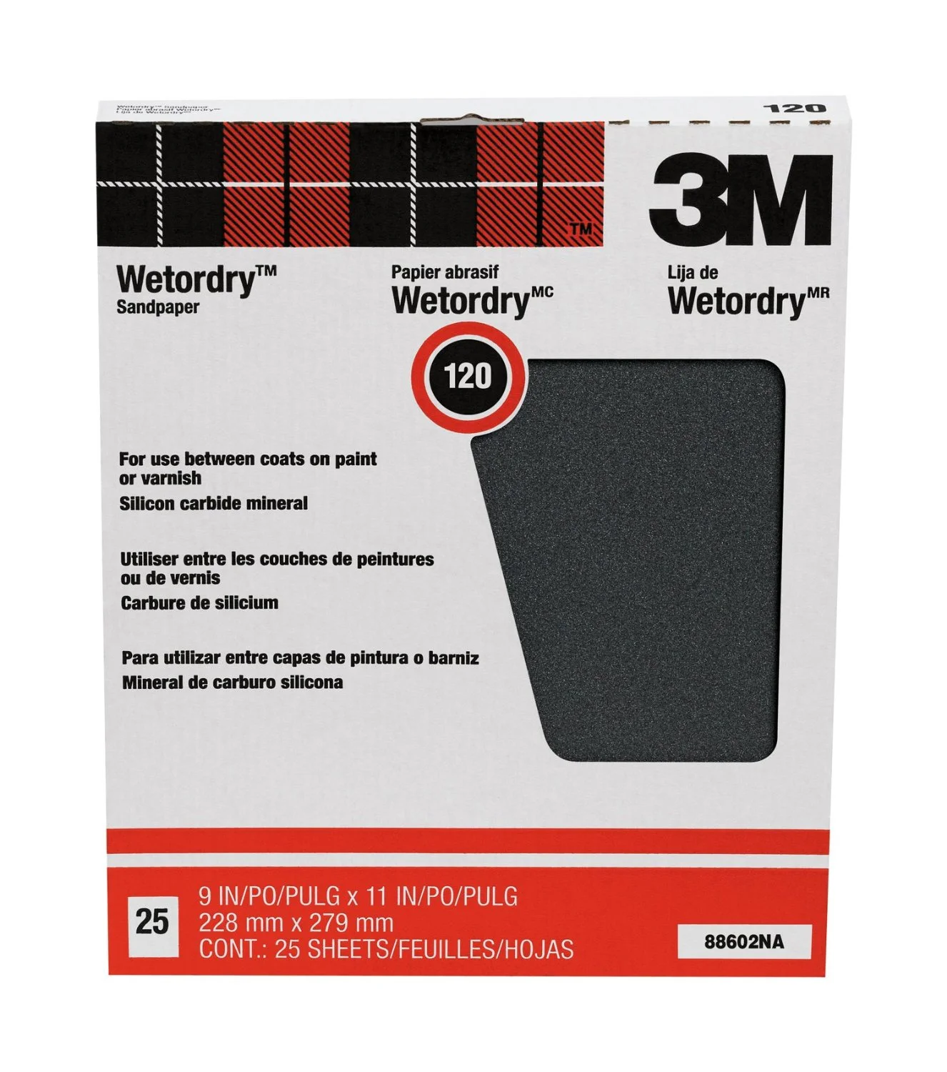 3M 88602 Pro-Pak Wetordry Silicon Carbide Sandpaper 9x11 120 Grit 25-Count