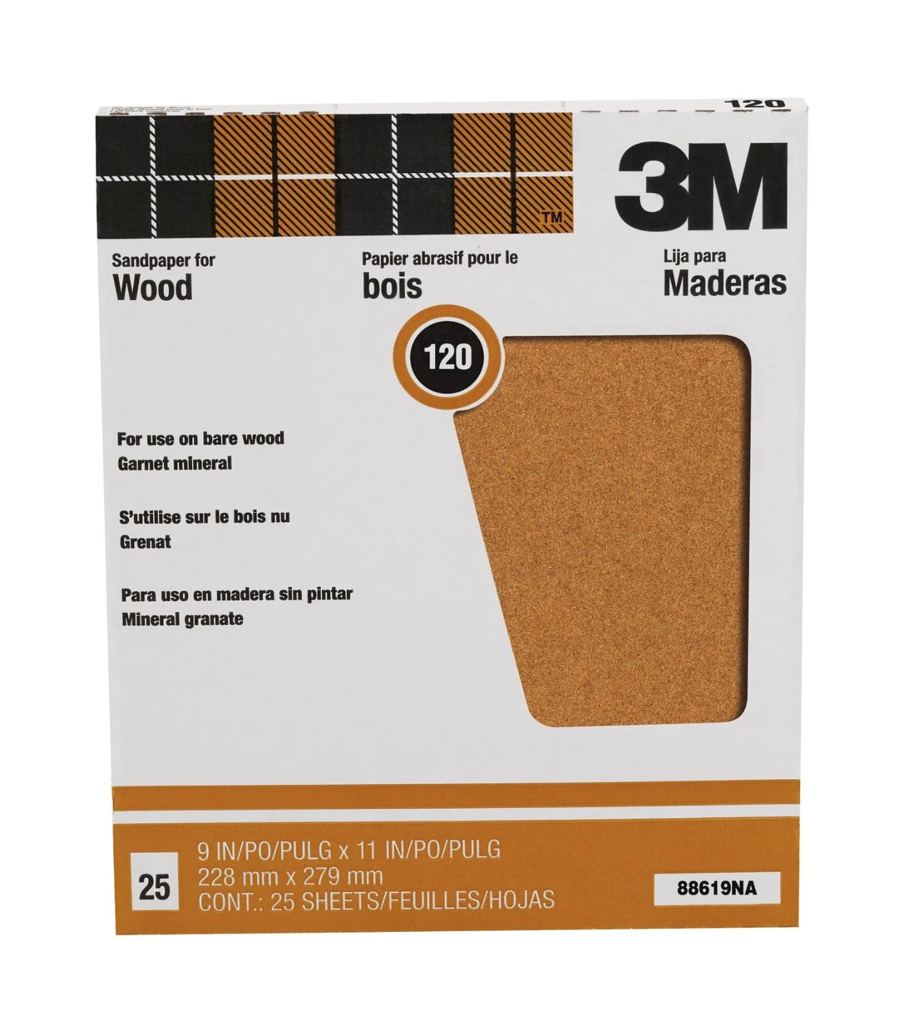 3M 88619NA Pro-Pak Garnet Sandpaper 9x11 120 Grit 25-Count Woodworking