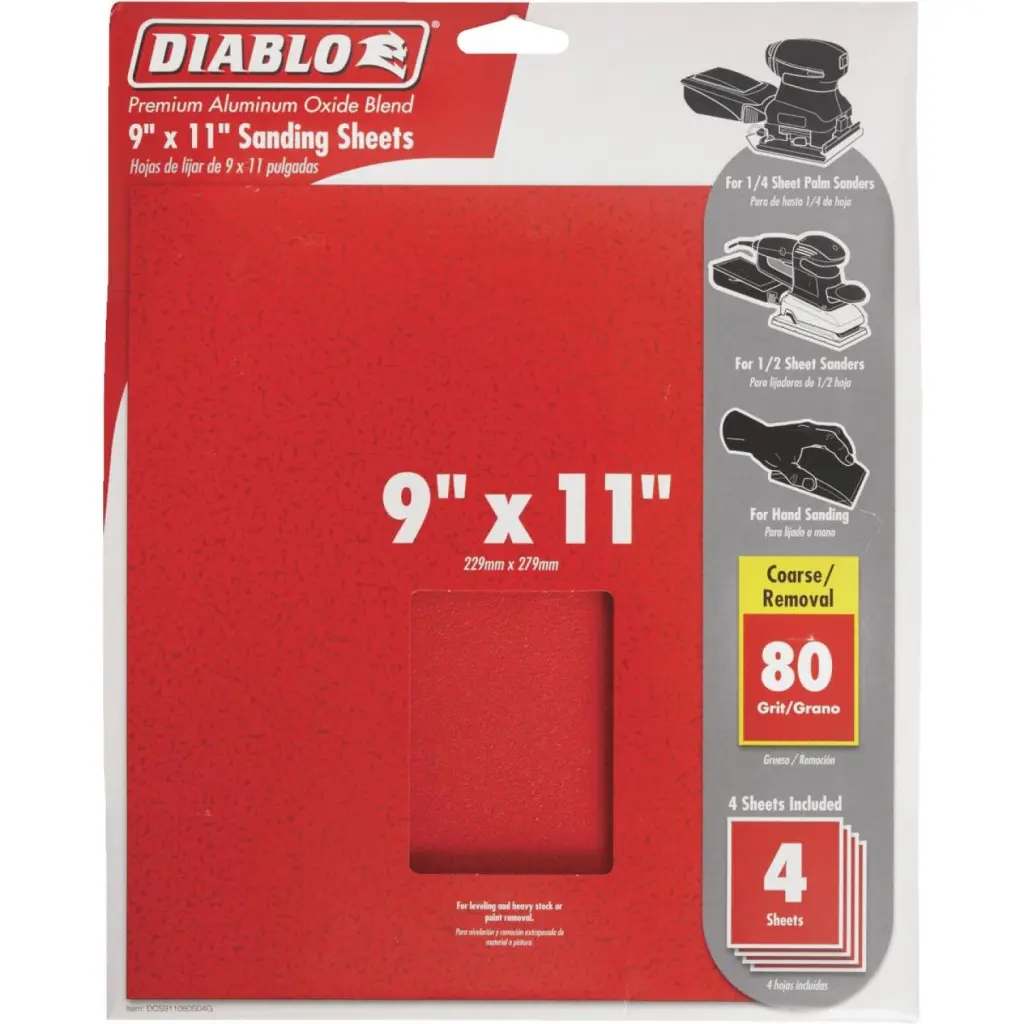 Diablo 9x11 Inch 80 Grit Coarse Sandpaper 4-Pack Wood and Metal Sanding