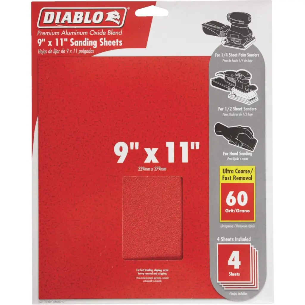 Diablo 9x11 Inch 60 Grit Ultra Coarse Sandpaper 4-Pack Heavy-Duty Sanding