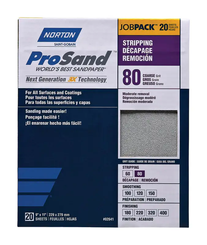 Norton ProSand 11 . L x 9 . W 80 Grit Aluminum Oxide Sandpaper 20 pk
