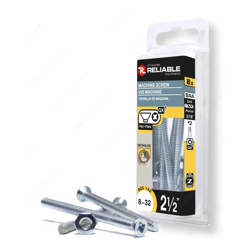 Zinc Plated Machine Flat Head Screw Nut and Quadrex Drive, 8-32 x 2-1/2" (8 Units)