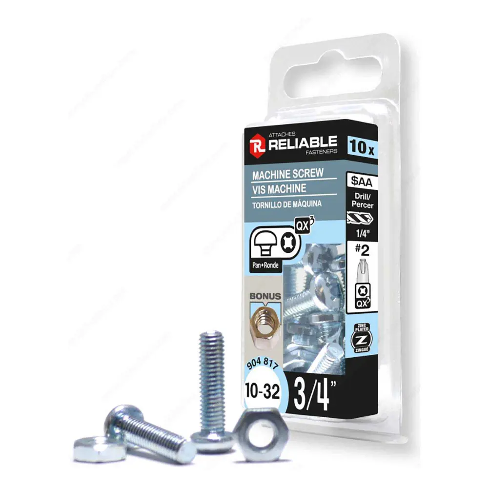 Zinc Plated Machine Pan Head Screw Nut and Quadrex Drive, 10-32 x 3/4" (10 Units)