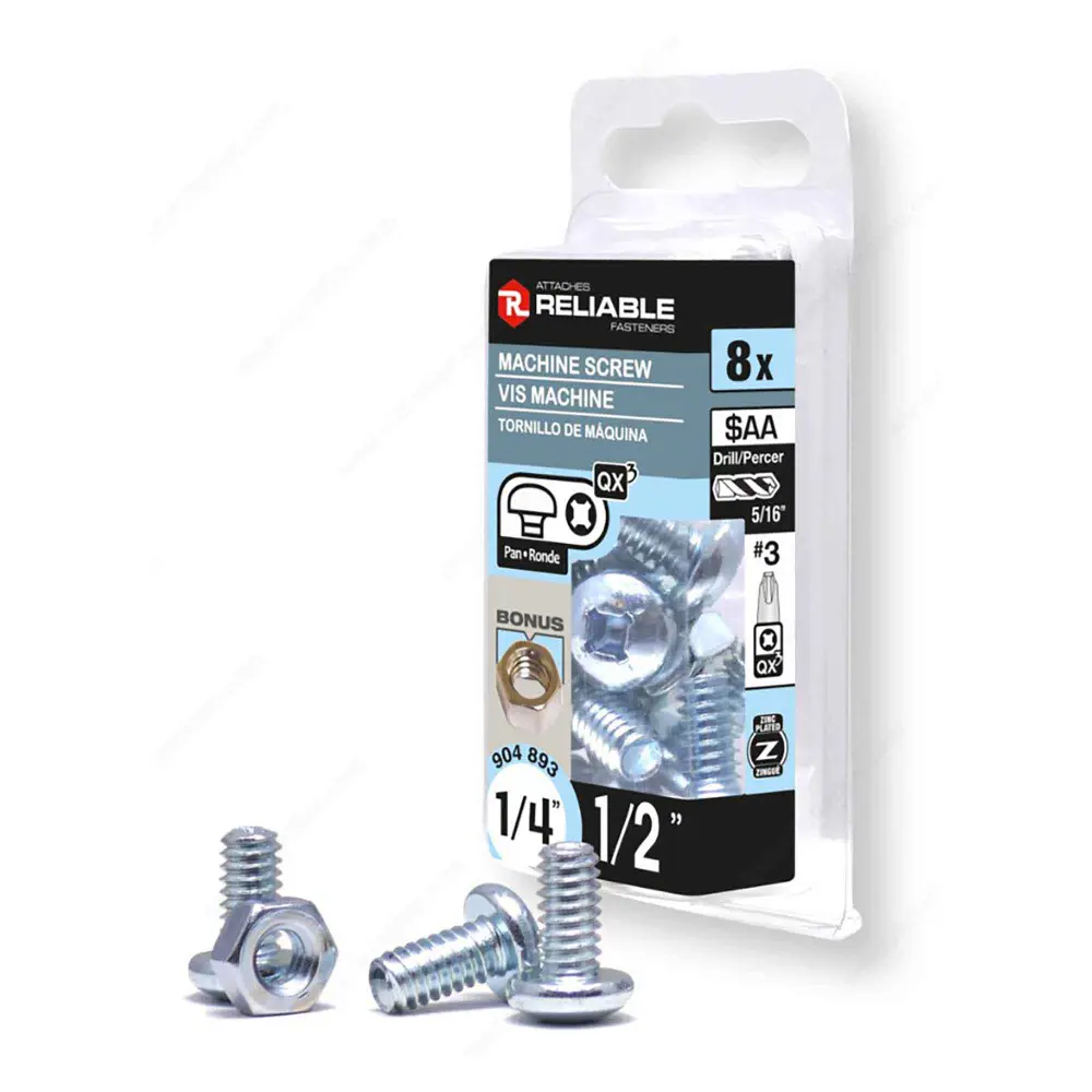 Zinc Plated Machine Pan Head Screw Nut and Quadrex Drive, 1/4" x 1/2" (8 Units)
