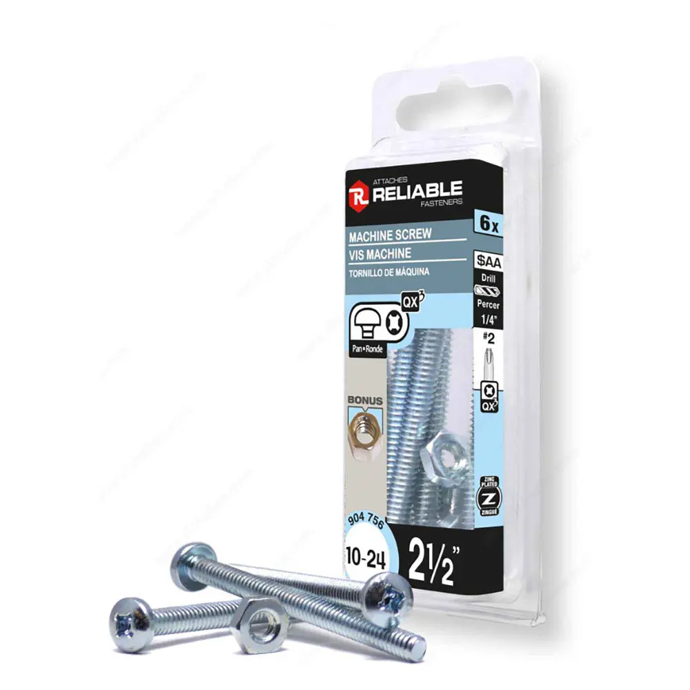 Zinc Plated Machine Pan Head Screw Nut and Quadrex Drive, 10-24 x 2-1/2" (6 Units)