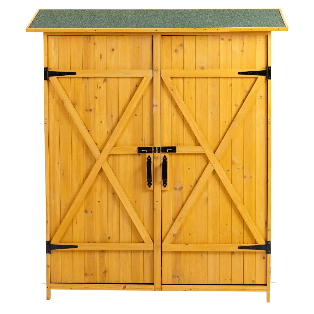 Knob Set Outdoor Storage Shed Lockable Door, Wooden Tool Storage Shed Unclip Shelves & Pitch Roof - Natural