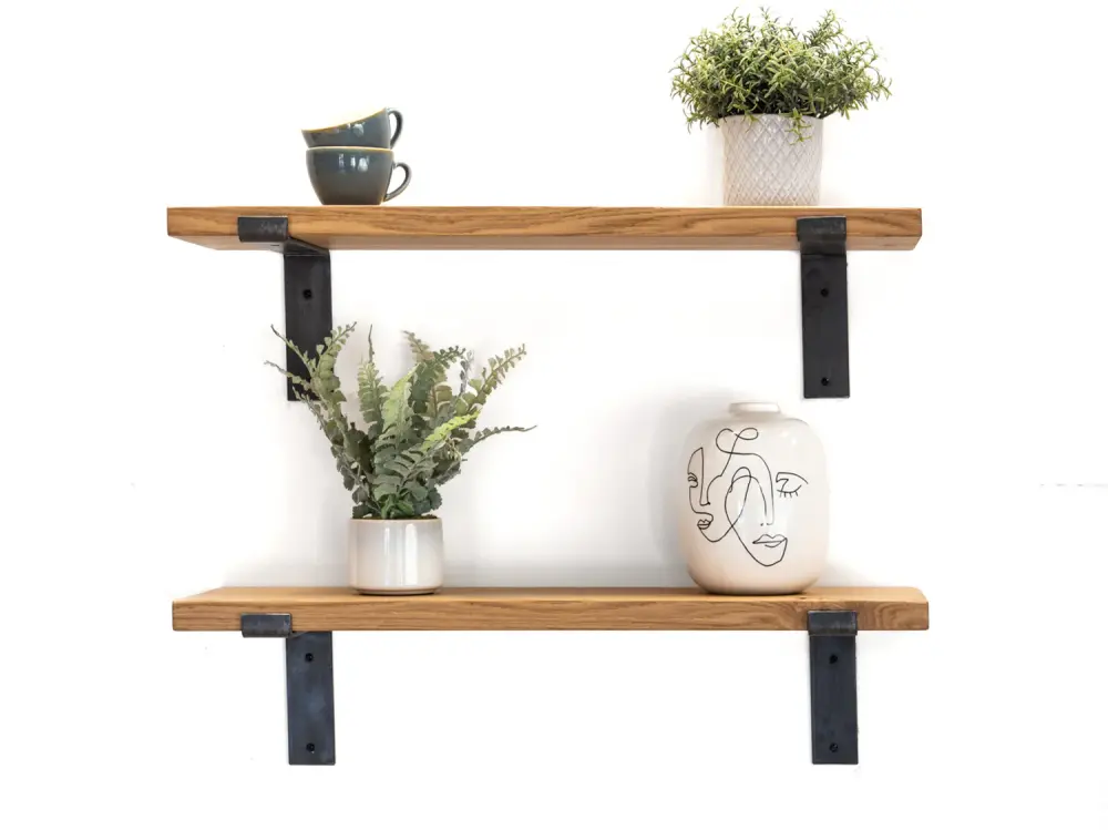 Solid Oak Shelf Lipped Steel Brackets 22cm Deep Plasterboard Walls