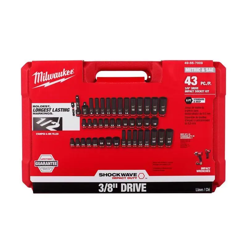 Milwaukee Shockwave 3/8 . Drive Metric/SAE 6 Point Standard/Deep Impact Socket Set 43 pc