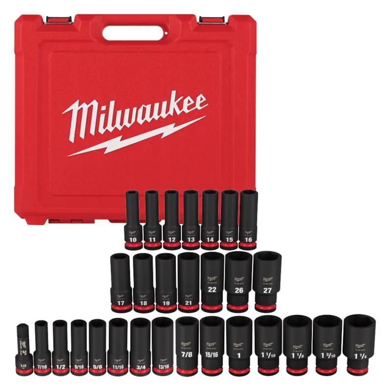 Milwaukee Shockwave 1/2 Inch Drive Metric/SAE 6 Point Deep Socket Set 29 Piece